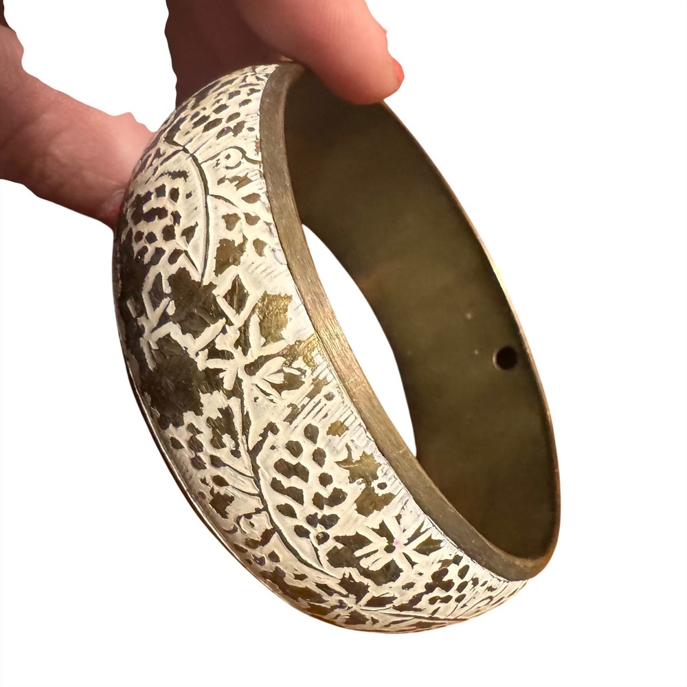 Vintage Brass Floral Bangle Bracelet White Enamel Distressed Boho Cuff Gold Tone
